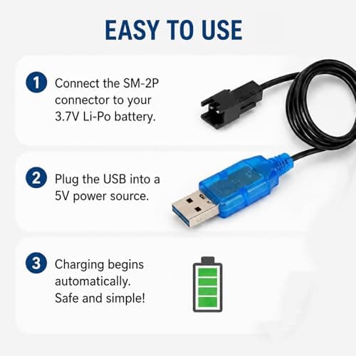3.7V Lipo Battery Charger Cable, USB SM-2P Plug 0.5A Charging Cord, Universal Kids Electric Car Charger for RC Car, Drone, Boat, Tank, Bubble Gun and Various RC Toys — view 4