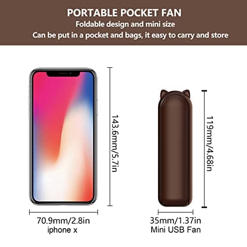 DSLIHA Handheld Mini Fan - USB Rechargeable Portable With 3 Speeds, Folding Personal Desk Design for Women Kids, Home Office Indoor Outdoor Travel (Brown) — view 5