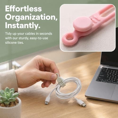 12 Pcs Reusable Silicone Cable Ties, Elastic Adjustable Buckle Design Cable Tidy Straps, Solid Color Portable Wire Organiser for Phone Charger Earphone Data Cables Home Office Travel — view 4