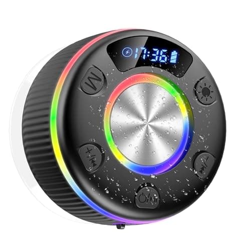 Bluetooth Shower Speaker, 2026 Portable wireless speakers with Led Light, IP7 Waterproof with Suction Cup, 8H Playtime, Stereo Bass, Time Display RGB Lights, Bulit-in Mic, Speaker for Bathroom, Travel