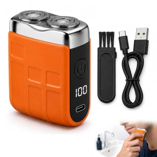 Mini Electric Shaver for Men Portable Travel Razor Cordless Rechargeable Rotary Beard Trimmer IPX5 Waterproof Pocket Power Shaver with Digital Display for Face Grooming Home Office Use Orange