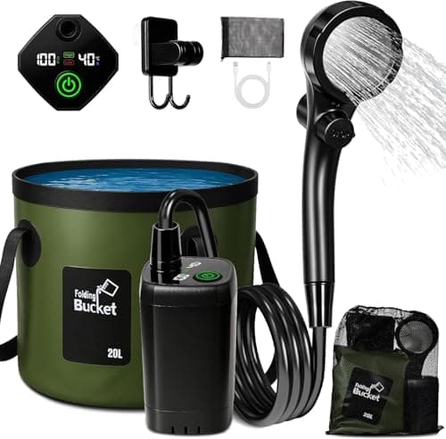 Portable Shower for Camping, 6000mAh Rechargeable Camping Shower with Foldable Bucket, Storage Bag, Filtered Shower Head, Outdoor Camp Shower Pump for Hiking, RV, Traveling, Car Washing, Pet Bath