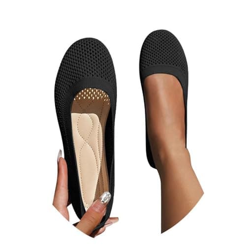 Comfort Cushioned Wide Fit Ballet Flats Women Breathable Stretch Knit Slip On Foldable Flat Shoes Multi Occasion Wear Black size 6 — view 2