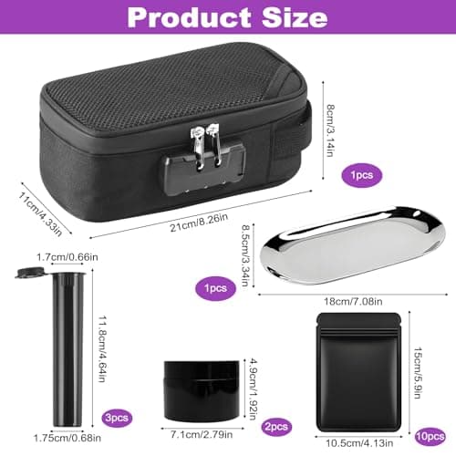 17PCS Smell Proof Bag with Combination Lock, Odor Proof Stash Box Container with 10 Smell Proof Baggies, 3 Flip-top sealed tubes, 2 PET Stash Jar & 1 Stainless Tray, Portable Lockable Pouch for Travel — view 3