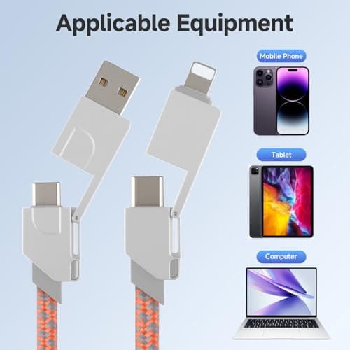 AHRLIC 4-in-1 USB Charging Cable Keychain – Zinc Alloy, Multi-Adapter Charger Cord for USB, Type-C, Micro USB, iOS Port Devices – 60W Fast Charging, Magnetic Stretchable Travel Cable (Orange Gray) — view 4