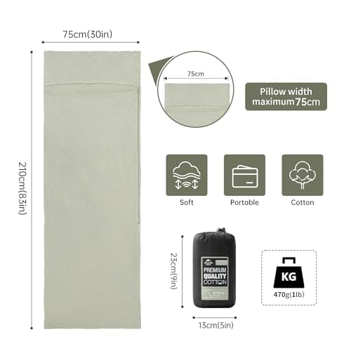 Naturehike Cotton Sleeping Bag Liner 210 x 75 cm, Cotton Travel Sheet Camping Sleep Bag Liner with Pillow Slot, Portable Lightweight Backpacking Essentials for Camping Hostels Picnic Hiking (Green) — view 2