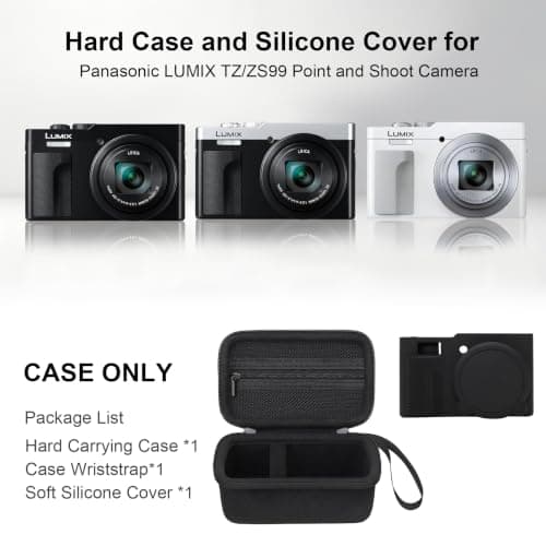 RAIALL Camera Case for Panasonic LUMIX DC-TZ99E Point and Shoot Camera, 1*Hard Carrying Case Protective Travel Bag+ 1*Soft Silicone Protective Cover with Removable Lens Cover, Black+Black — view 3