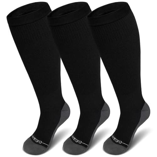 PUTUO Large Calf Flight Socks: Plus Size Compression Sock for Men Women - Extra Wide Calf Graduated Compression Stockings for Support Travel Pregnancy Edema Nurses Seniors 20-30 mmhg Black 3XL 3Pairs
