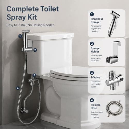 Handheld Bidet Sprayer Kit, Stainless Steel Toilet Bidet Shower with T-Valve Adapter & Hose, Portable Bidets Sprayer Kit Easy Install Shattaf for Toilet Cleaning Pet Bath Personal Hygiene — view 5