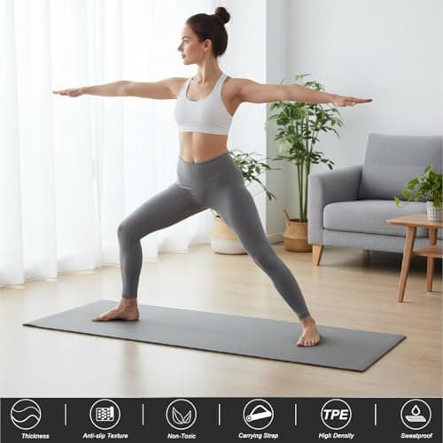 Yoga Mat Unisex Non-Slip Thick Foam Exercise Mat 10mm with Carry Strap – Lightweight Home Gym Equipment for Yoga, Pilates, Stretching (Grey) — view 2