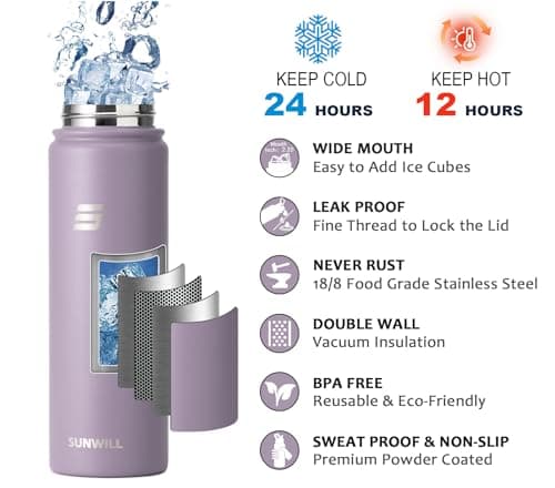 SUNWILL Metal Water Bottle with Straw Stainless Steel, 650ml Insulated Leakproof Thermal Flask for Cold and Hot Drink, Travel, Sports, Gym, Muted Violet — view 3