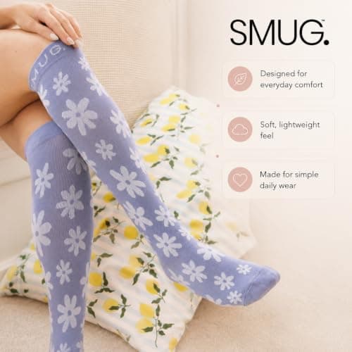 SMUG Bamboo Compression Socks 15–20 mmHg – Graduated Knee High Support Socks for Travel, Flying, Running, Nursing, Pregnancy & Everyday Wear | Blue Flowers (L/XL) — view 4