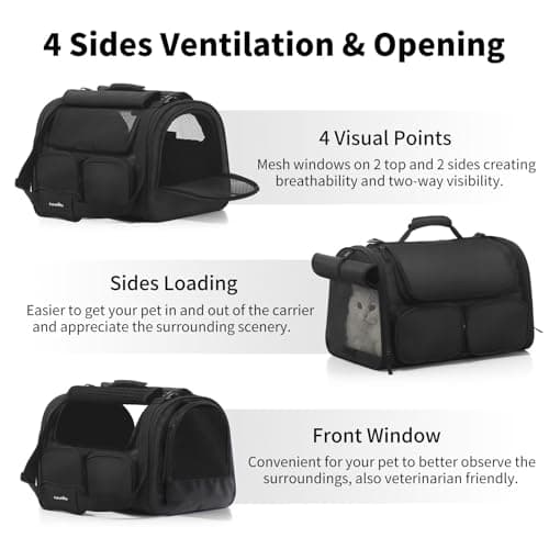 FUKUMARU Cat Carrier, 4 Mesh Windows Small Dog Carrier, 4 Storage Pockets Cat Travel Bag, Under 6.8 Kg Airline Approved Pet Carrier, Rollable Cover for Nervous Cats, Black — view 4