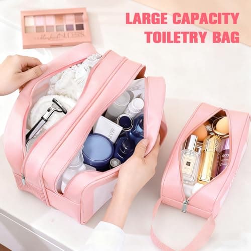 2 PCS Clear Toiletry Bag, Wet Dry Separation Wash Bag, Clear Ttravel Toiletries Bag, Waterproof Large Capacity Shower Bag, PU Makeup Bag with Handles for Women Girls — view 6