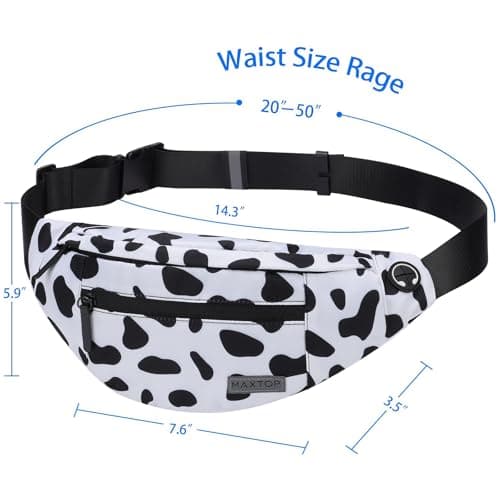 MAXTOP Large Bumbag Waist Fanny Pack Running Belt for Men Women Unisex Bum Bag with Headphone Jack and 4-Zipper Pockets Adjustable Belt for Travel Running Jogging Workout Hiking Gifts Cow Print White — view 5