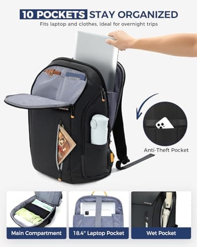 Ponhog Laptop Backpack for Men - 18.4 Inch Large Travel Backpack,40L Tech Backpack with USB Charging Port Anti-Theft Pocket,900D Smart Rucksack for College Business Work Overnight Black — view 2