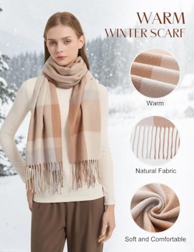 Vijamiy Womens Winter Scarf, Soft Checked Tartan Scarf for Women, Long Warm Shawl Wrap with Tassels, Lightweight Ladies Scarf for Autumn Winter, Brown & Light Blue — view 3