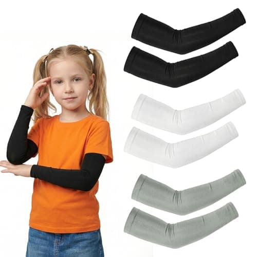 JEKUGOT 3 Pairs Arm Sleeves for Kids, UV Sun Compression Sleeve Arm, Utdoor Sport Sleeves Breathable for Boys Girls, Volleyball, Football, 5-12 Years for Sunburn Sleeve (Black, White, Grey)