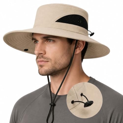 newhsy Wide Brim Sun Hat Mens UPF50 Breathable Mesh Foldable Bucket Safari Hat for Fishing Hiking Travel (Khaki)