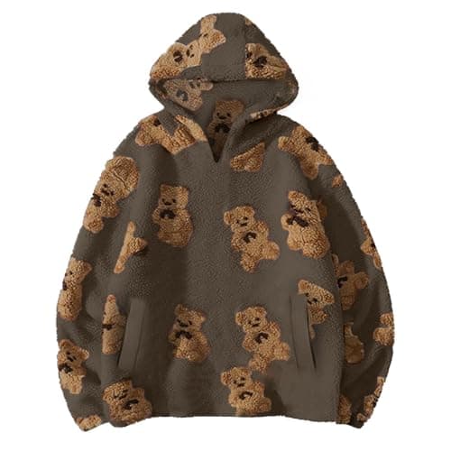 Womens Fleece Coat - Bear Fluffy Fuzzy Hoodies, Teddy Long Sleeve Sherpa Sweatshirt, Comfy Cosy Jackets, Ladies Soft Winter Warm Pullover Tops, Pockets, Oversized Outwear, Walking Travel Uk Brown L