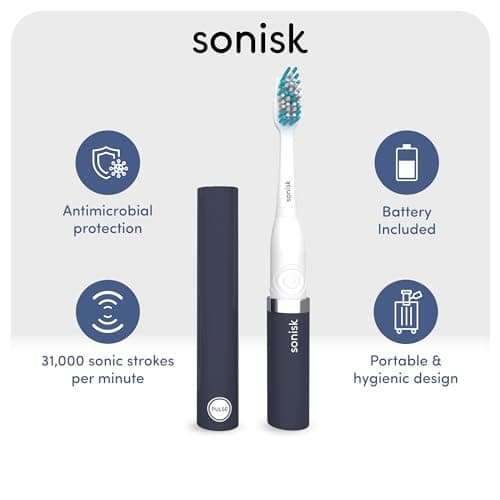 Sonisk Pulse | Battery Powered Electric Toothbrush | Portable Travel Size with Antimicrobial Sonic Technology | 1x Battery, 2X Brush Heads, 1x Travel Case Included (Matte Black) — view 3