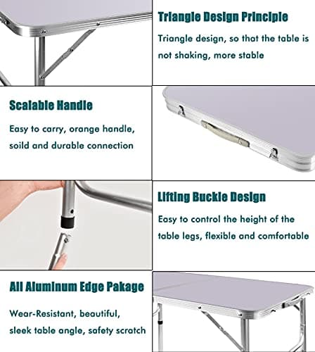 Picnic Folding Tables, 3ft Heavy Duty Aluminium Foldable Portable Adjustable Height Lightweight for Camping with Carry Handle for Indoor Kitchen, Dinner, Catering, Buffet and Garden (90x60x37/67cm) — view 3