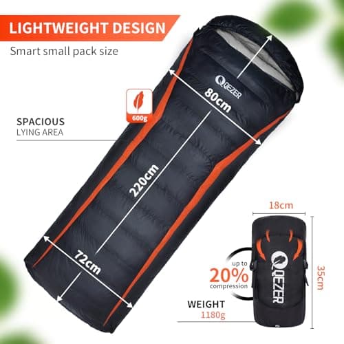 QEZER Down Sleeping Bag,Lightweight Rectangular Winter Sleeping Bag [1180g/1860g] for Adults and Kids 4 Season Camping, Hiking,Warehouse and Moutaineering Outdoor (Black, 600g down) — view 2