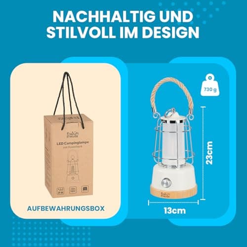 LED Battery Camping Lamp Lantern 370lm Dimmable - USB Rechargeable, Colour Temperature 2200-6500K, Up to 75h Light Time, IP44 Outdoor Lantern with Power Bank, Bamboo & Hemp Rope — view 3