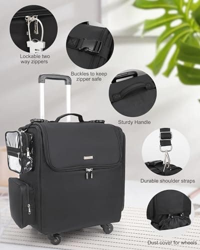 Relavel Rolling Makeup Train Case with 4 Wheels, Hairstylist Traveling Bag with Adjustable Dividers & Heat Insulation Full Layer, Hair Tools Cosmetics Storage Organizer Trolley Suitcase Makeup Cart — view 6