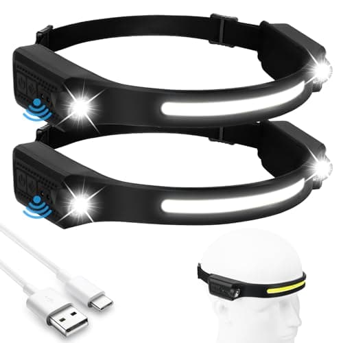 flintronic 2 PCS LED Headlamp USB Rechargeable,5 Modes 600 Lumens COB Headlight, IPX4 230°Wide-Angle Waterproof Lightweight Head Torch with Motion Sensor for Running, Hiking, Emergency 6 Hours