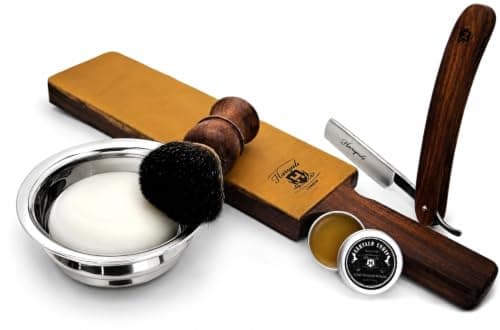 Haryali London, 6Pcs Wooden Straight Razor Shaving Kit for Men – Complete Wet Shaving Set with Leather Strop, Shaving Brush, Shaving Soap, Shaving Bowl & Honing Paste – Mens Grooming Gift Set