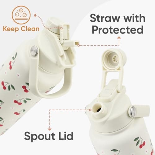KEWIXY Stainless Steel Water Bottle 500 ml/18 oz, 2-in-1 Lid, Insulated Water Bottle with Straw, Leak Proof, Carry Handle, Fits Cup Holders, for Sports, Gym, Work (Cream Cherry1) — view 3