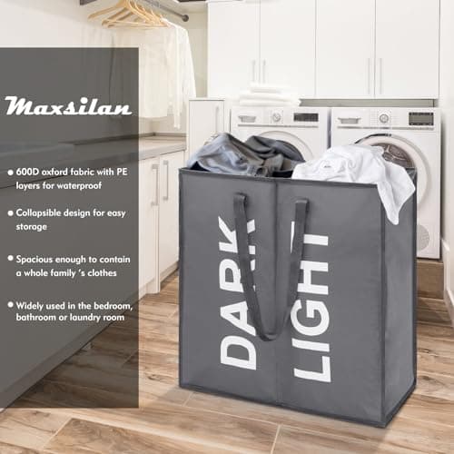 Maxsilan 80L Laundry Basket with 2 Sections, Collapsible Clothes Bag, Grey — view 2