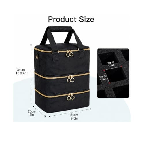 WinHUb Nail Polish Organizer Bag, 3-Tier Large Capacity Nail Storage Case Holds Up to 60 Bottles, PU Leather Manicure Organizer with Shoulder Strap for Nail Lamp & Nail Tech Supplie — view 2