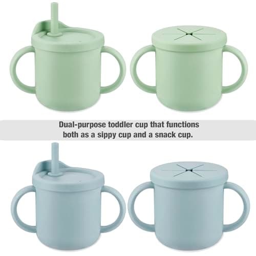 PandaEar 8 Pack Silicone Baby Feeding Set - 2 Suction Plates, 2 Sippy Cups, 2 Spoon & Fork Sets | Travel Weaning Supplies | BPA Free Self-Feeding Kit (Light Blue/Light Green) — view 3