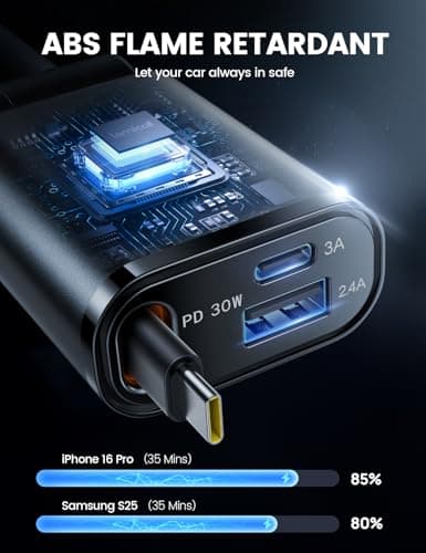 Lamicall 3 in 1 Retractable Car Charger Adapter -【2026 Ultra Compact】57W Cigarette Lighter USB Charger, Car Phone Charge with Retractable Type-C Cable/USB C/USB A, 12V/24V Socket for i-Phone, Android — view 4