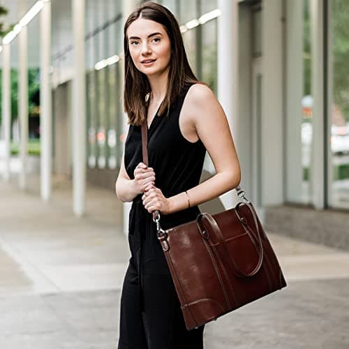S-ZONE Leather Tote Bag for Women Office Shoulder Handbag 15.6 Inch Work Laptop Briefcase — view 3