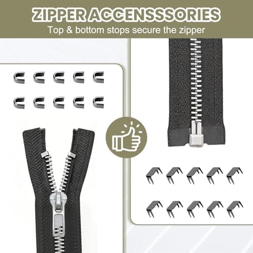 76 Pcs Zip Repair Kit, Universal Zipper Repair Kit, Zipper Pull Replacement Pull Accessories Size 5 with Top and Bottom Stops, for Jackets Clothes Bags Backpack Luggage (Black, Silver, Gold) — view 5
