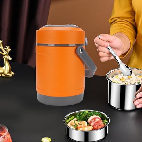 2L Thermal Cooking Pot, USB Portable Camping Pot with Leakproof Locking Lid, Stainless Steel Vacuum Thermal Cooker, Insulated Packable Travel Food Container (Orange) — view 2