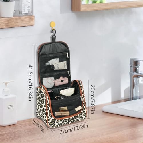OSDUE Hanging Toiletry Bag for Men Women, Large Capacity Wash Bag with Hook and Handle, Waterproof, Makeup Organizer, Travel Accessories, Leopard Print Travel Washbag — view 2