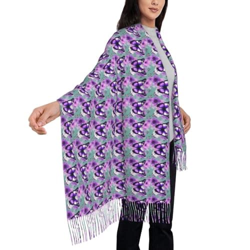 Purple Butterfly Print Elegant Fringe Scarf Shawl Wrap For Women Winter Fall Spring Travel Accessory Gift — view 4
