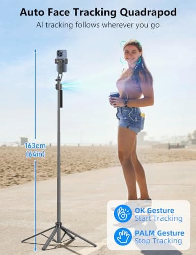 64'' Auto Face Tracking Tripod, 360 Rotation Selfie Stick Phone Tripod with Remote, Handheld Stabilization, Aluminum Quadrapod Phone Mount, for iPhone& Camera, Tiktok, YouTube, Video, Vlog — view 2