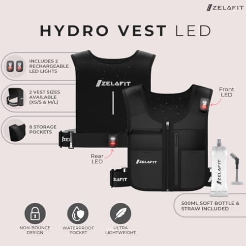 ZelaFit® Running Vest with Rechargeable LEDs & Micro USB Charging Cables, Water Bottle and Straw - Hydration Vest with 8 Pockets - Running Backpack Alternative - Men & Women (Extra Small - Small) — view 3