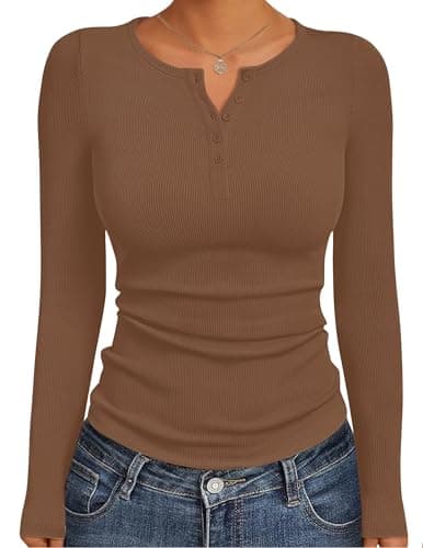 Ekouaer Womens Thermal Long Sleeve Ribbed Henley Top 1 Pack Brown S — view 2