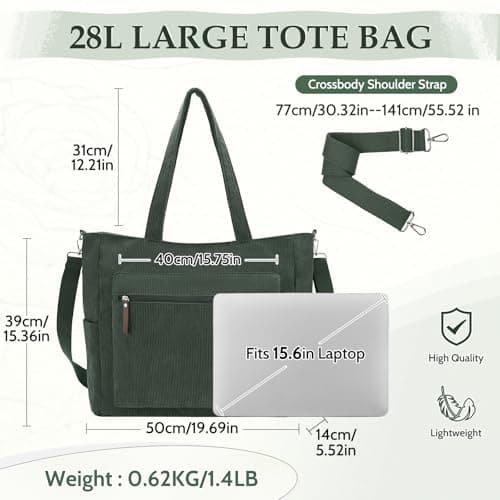 Kasgo Corduroy Tote Bag for Women, XXL 15.6" Laptop Work College Bag, Green — view 2