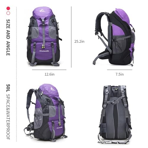Bseash 50L Hiking Backpack, Water Resistant Lightweight Outdoor Sport Daypack Travel Bag for Camping Climbing Touring (Purple - No Shoe Compartment) — view 2
