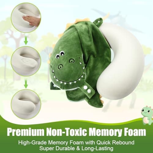 Alaoo Travel Pillow, Removable Memory Foam Kids Travel Pillow with Zips, Convenient & Portable U Shaped Neck Pillows with Cute Eye Mask for Adults Children for Home, Office, Sleeping (Green Dinosaur) — view 5