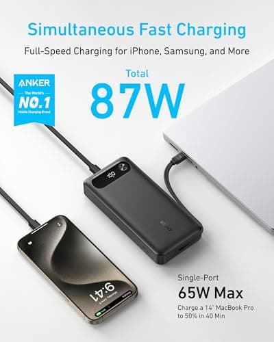 Anker Power Bank, 20,000mAh Portable Charger with Built-In USB-C Cable, 87W Max Fast Charging Battery Pack, 2 USB-C and 1 USB-A, For MacBook, iPhone 15 Series, Samsung, Switch, and More — view 2