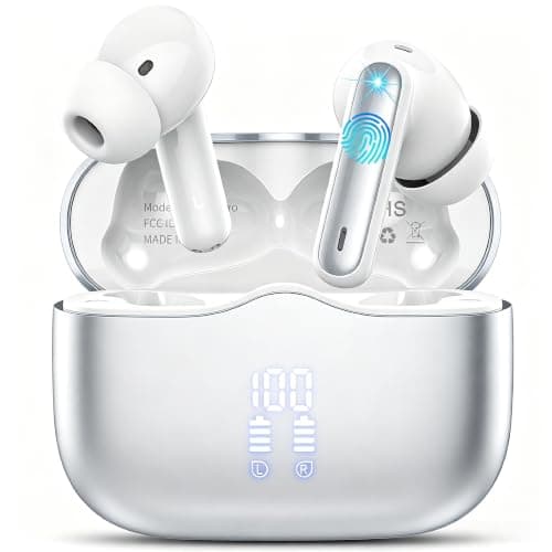 Wireless Earbuds, 2026 Bluetooth 5.4 Headphones in Ear 6D Bass Stereo, 40H Earphones with 4 ENC Noise Cancelling Mic, IP7 Waterproof LED, AI-Enhanced Calls Bluetooth Earbuds for Android iOS, Silver