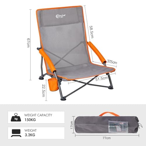 Portal Folding Beach Chair Low Lightweight 2 PCs Portable for Adults Foldable Beach Seat Camping Festival Picnic Deck Chair Outdoor Collapsible with Cupholder Mesh Back Padded Armrests Supports 150KG — view 3